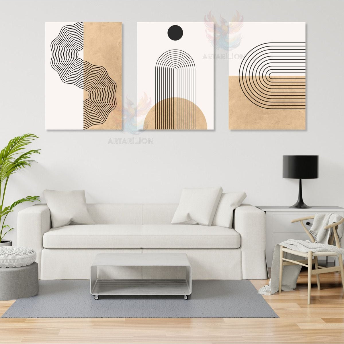 Set Minimalist Boho Modern Line Art Oturma Odası 3'lü Kanvas Tablo Seti
