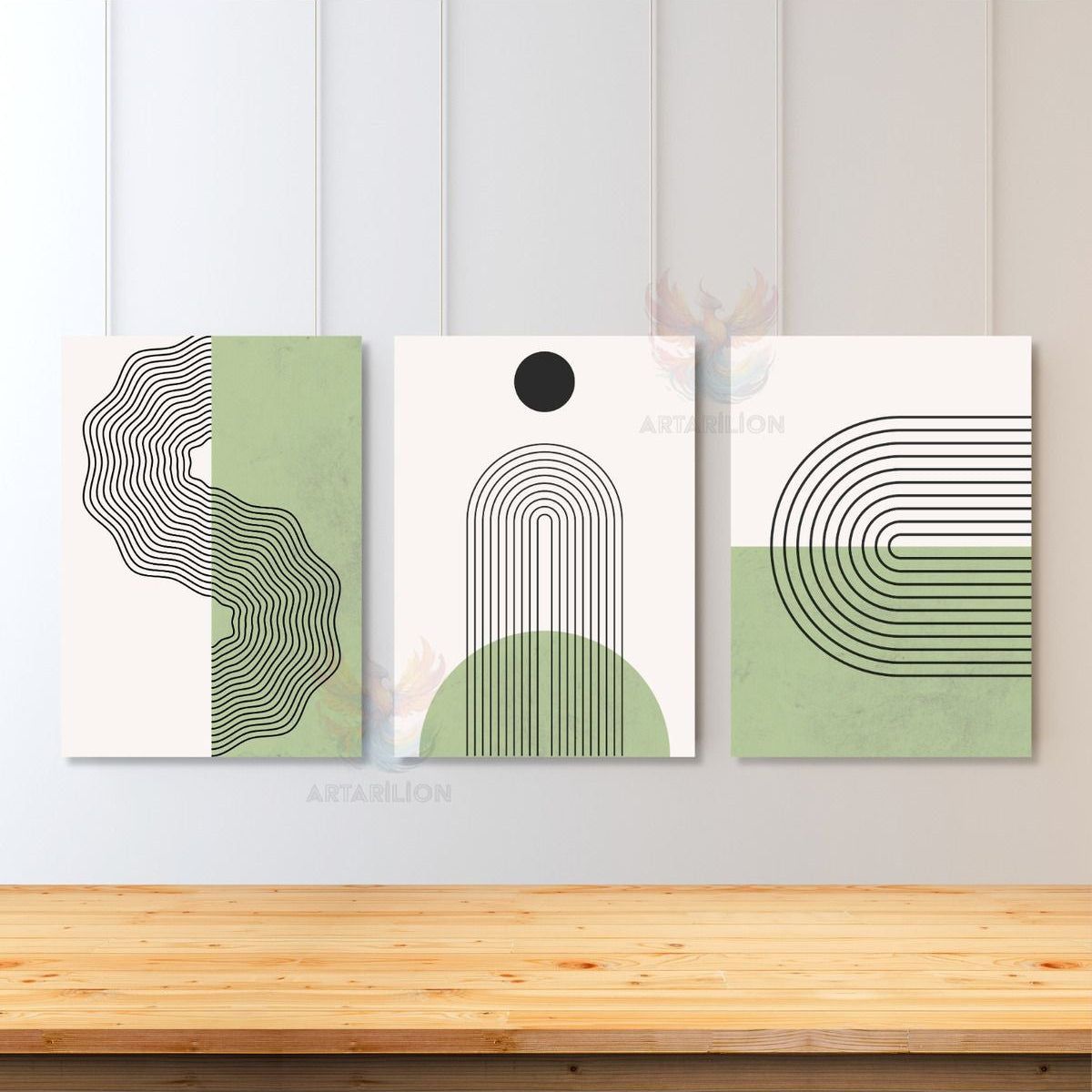 Set Minimalist Tasarım Line Art Yeşil Beyaz Oturma Odası 3'lü Kanvas Tablo Seti
