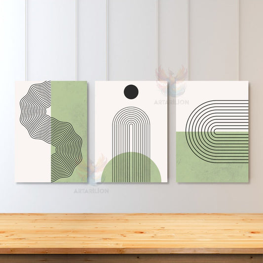 3'lü Set Kanvas Tablo Minimalist Tasarım Line Art Yeşil Beyaz Oturma Odası Tablosu Kanvas Tablo