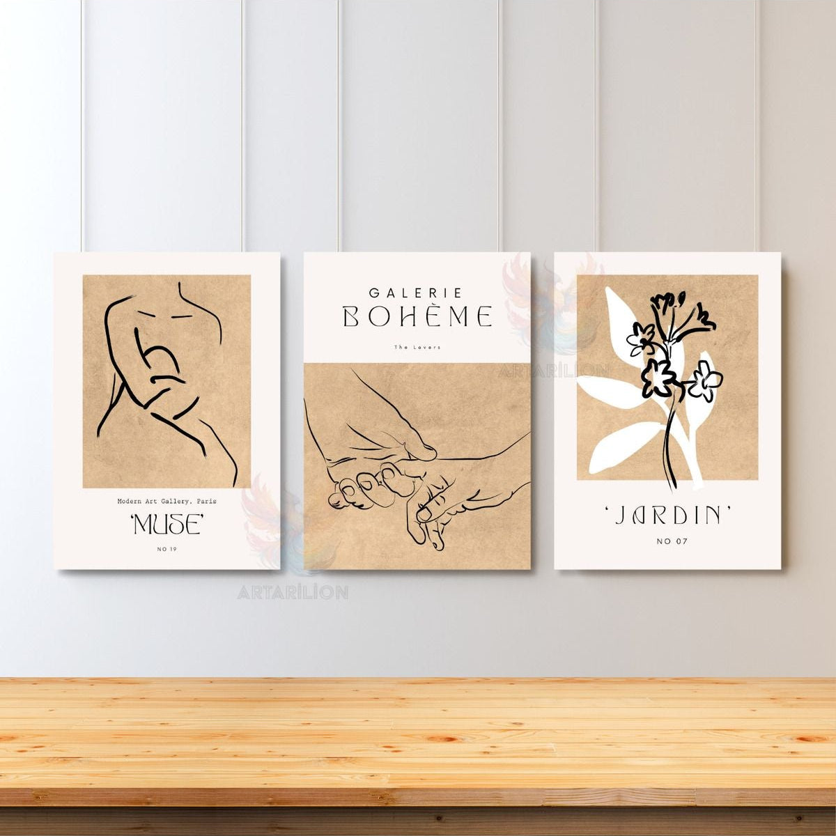 Set Minimalist Boho Modern Sanat Galerisi Bohemian 3'lü Kanvas Tablo Seti