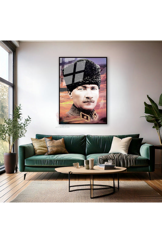 Gökyüzü ve Atatürk Görseli Metal Çerçeveli Cam Tablo HD Dijital Baskı Ev Ofis Dekoru