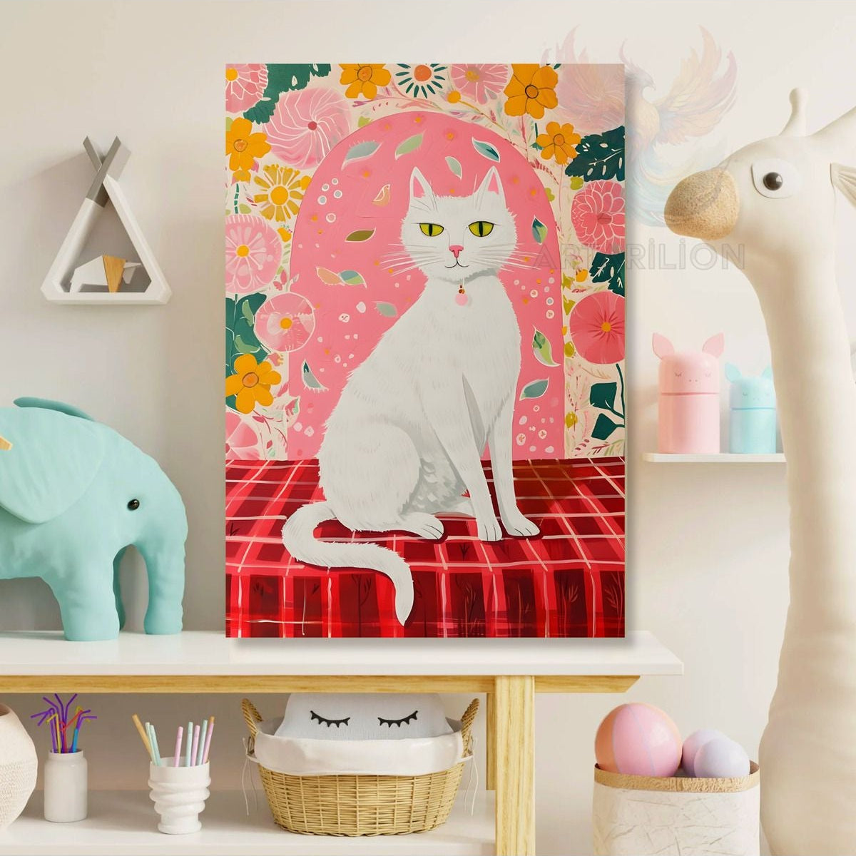 Masadaki Beyaz Kedi Desenli Oyun Odası Çocuk Kanvas Tablo