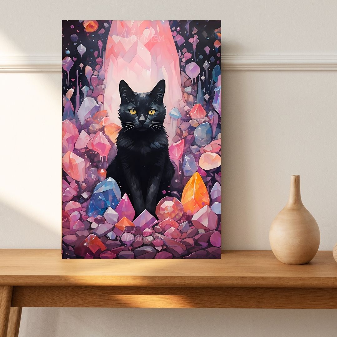 Dijital HD Baskı Kristaller ve Siyah Kedi Kanvas Tablo