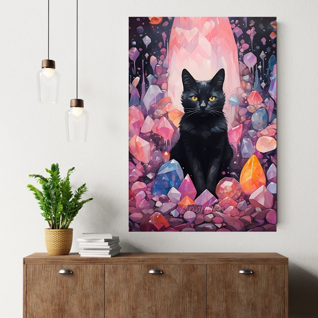 Dijital HD Baskı Kristaller ve Siyah Kedi Kanvas Tablo
