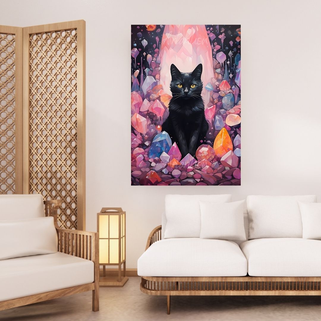 Dijital HD Baskı Kristaller ve Siyah Kedi Kanvas Tablo