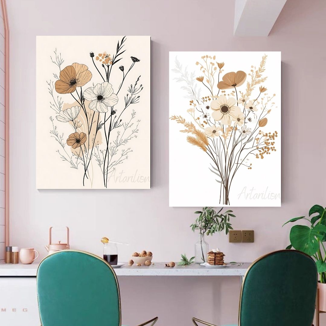 Dijital HD Baskı Modern Minimalist Çiçekler 2'li Kanvas Tablo Seti