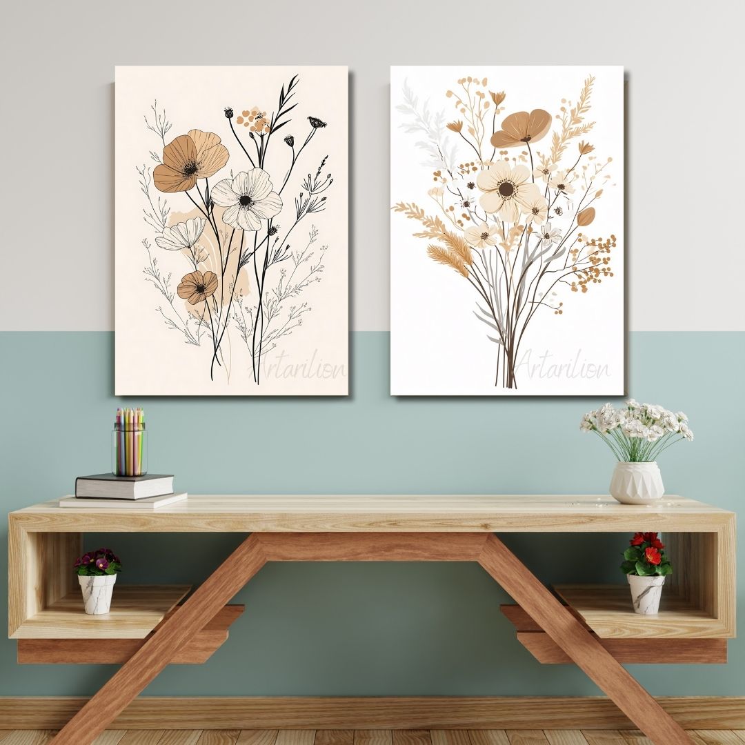 Dijital HD Baskı Modern Minimalist Çiçekler 2'li Kanvas Tablo Seti