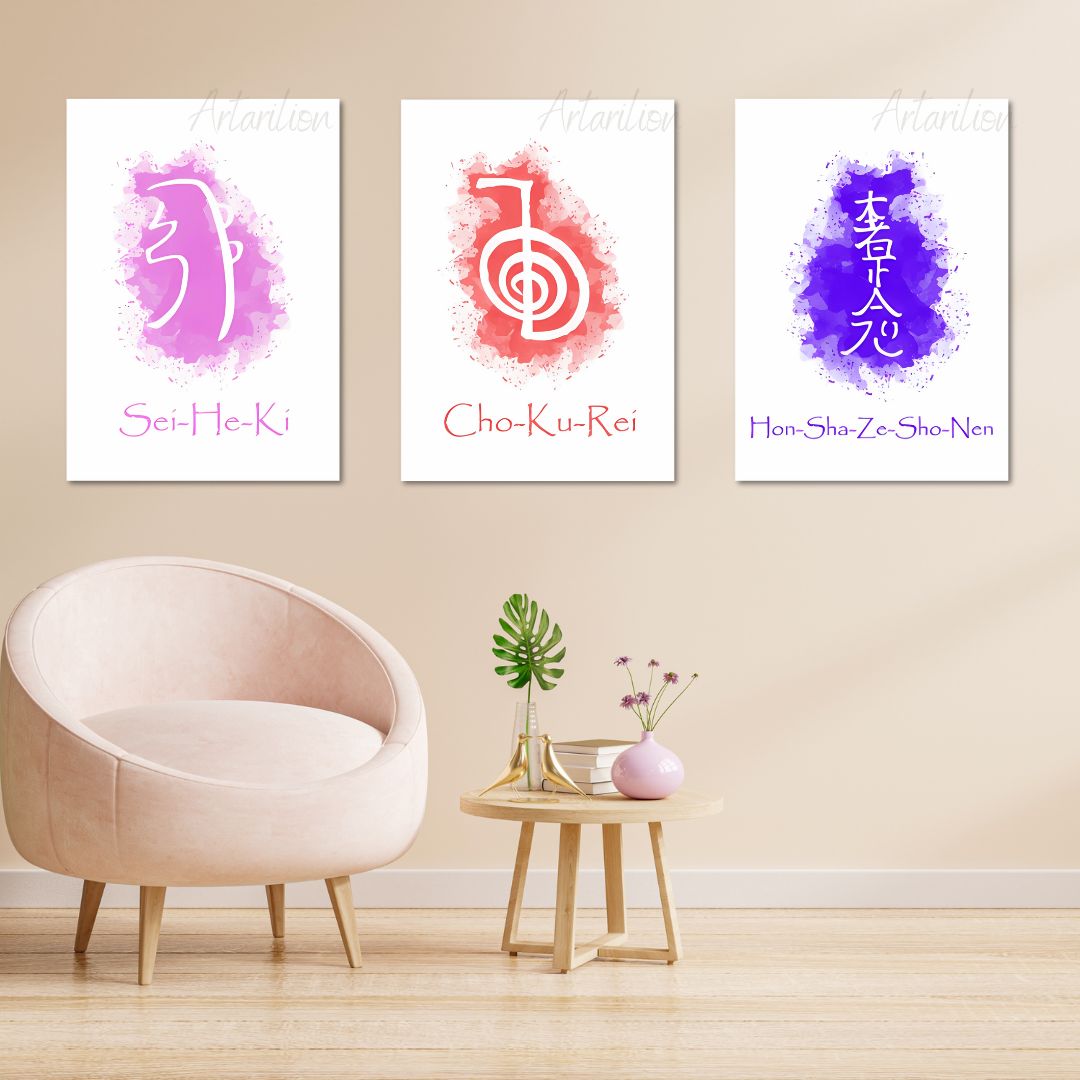 Dijital HD Baskı Reiki Sembolleri 3'lü Kanvas Tablo Seti