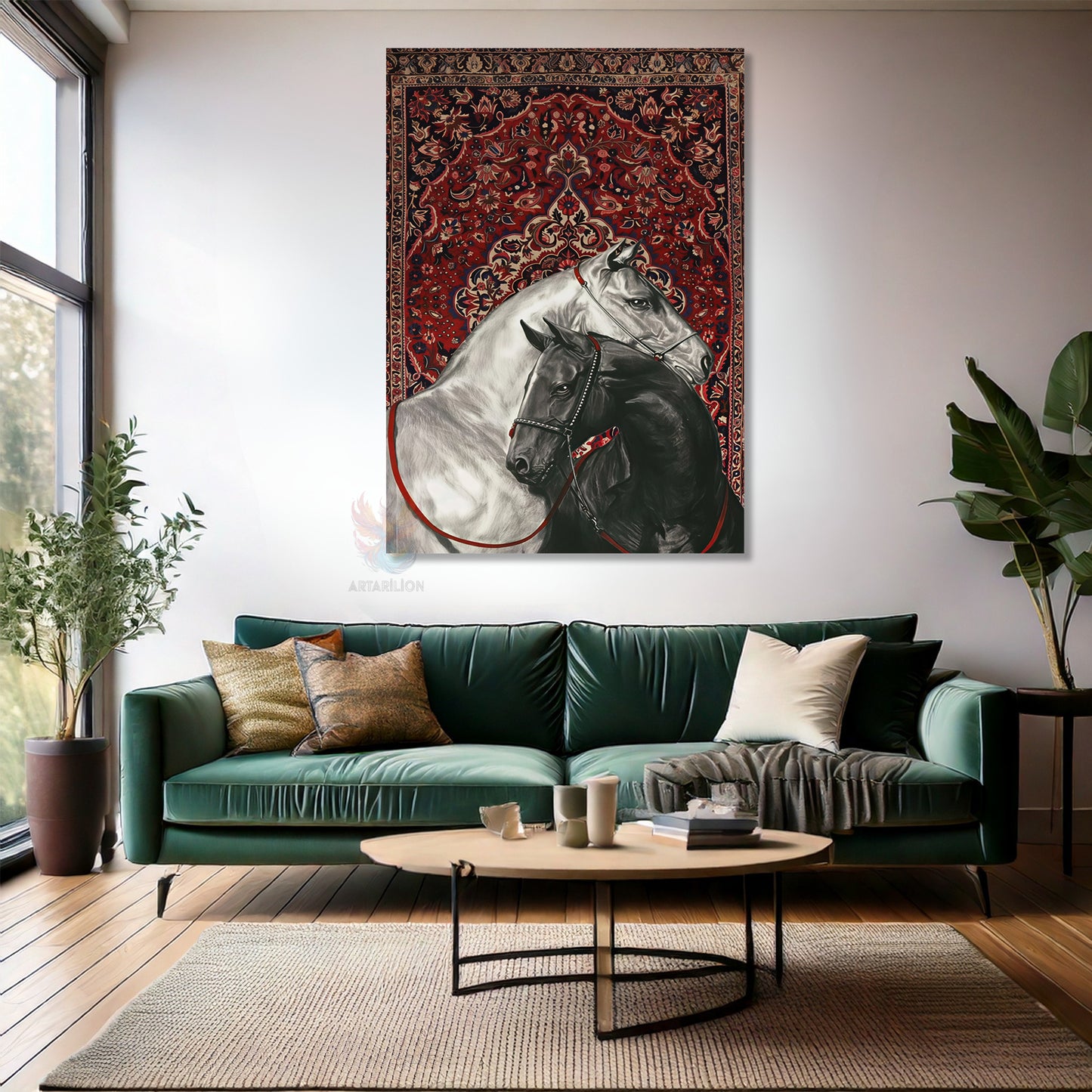 Kanvas Tablo Ev Ofis Duvar Tablosu Hali Motifi Siyah Beyaz Atlar Yeni Ev Hediyesi Kanvas Ev Dekoru