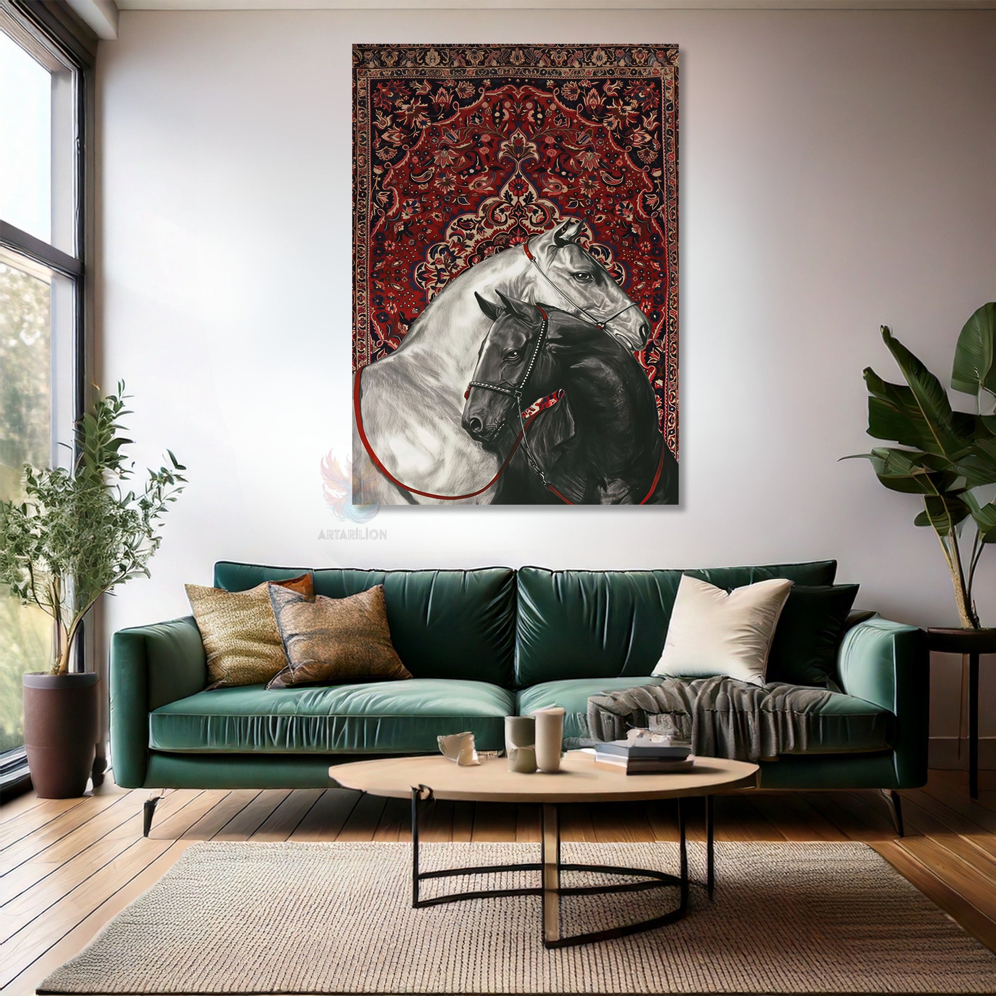 Hali Motifi Siyah Beyaz Atlar Kanvas Tablo