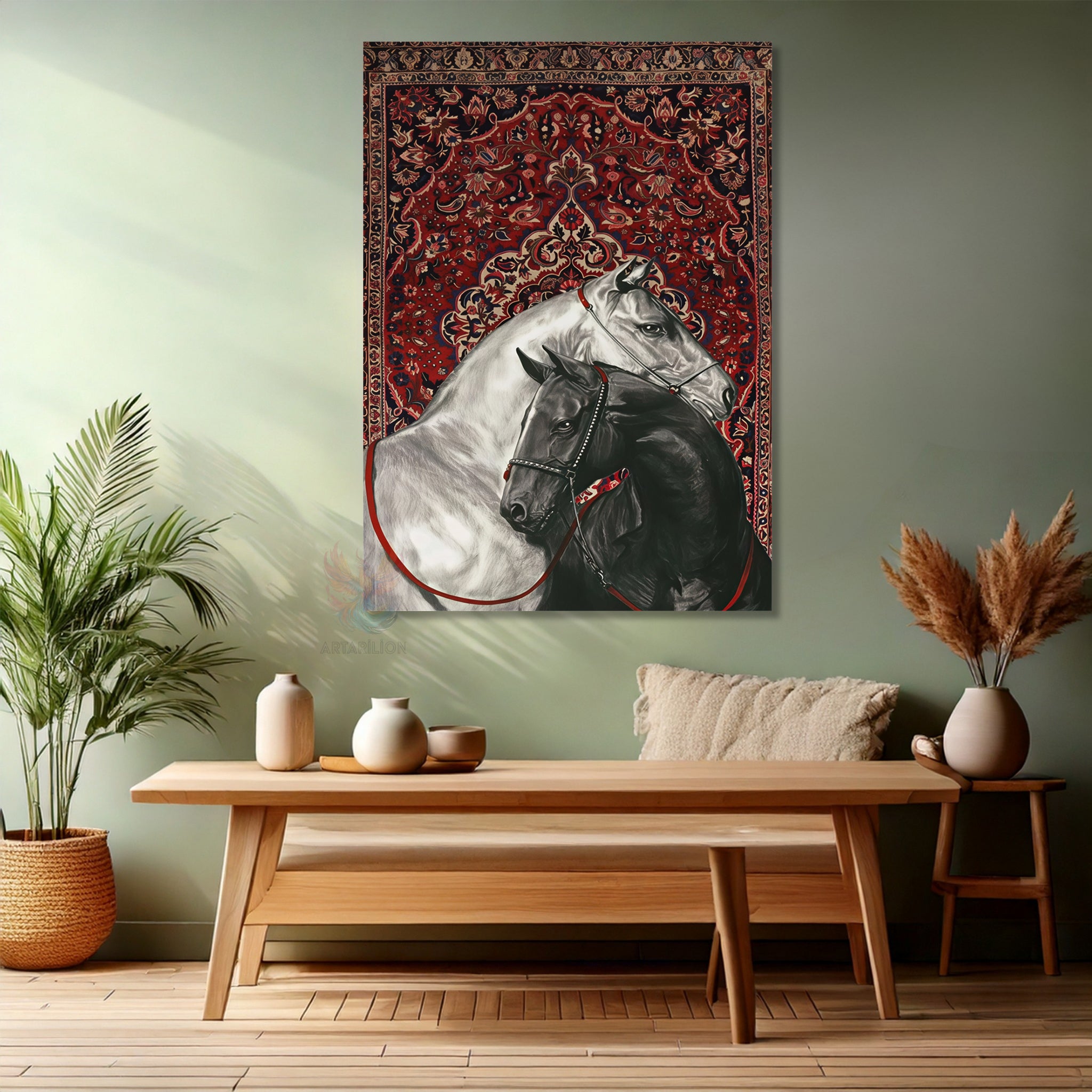 Hali Motifi Siyah Beyaz Atlar Kanvas Tablo