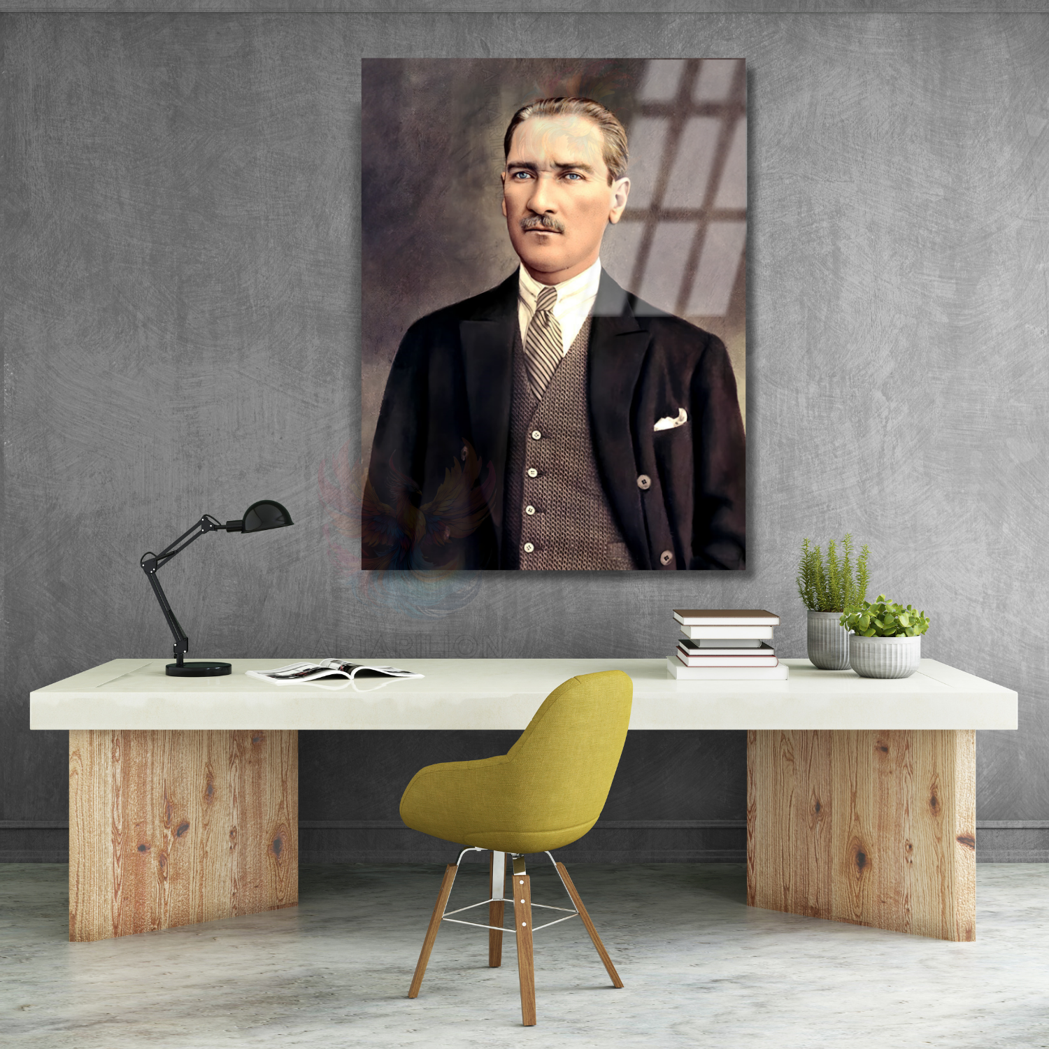 Renklendirilmiş Atatürk Modeli Dikey Cam Tablo