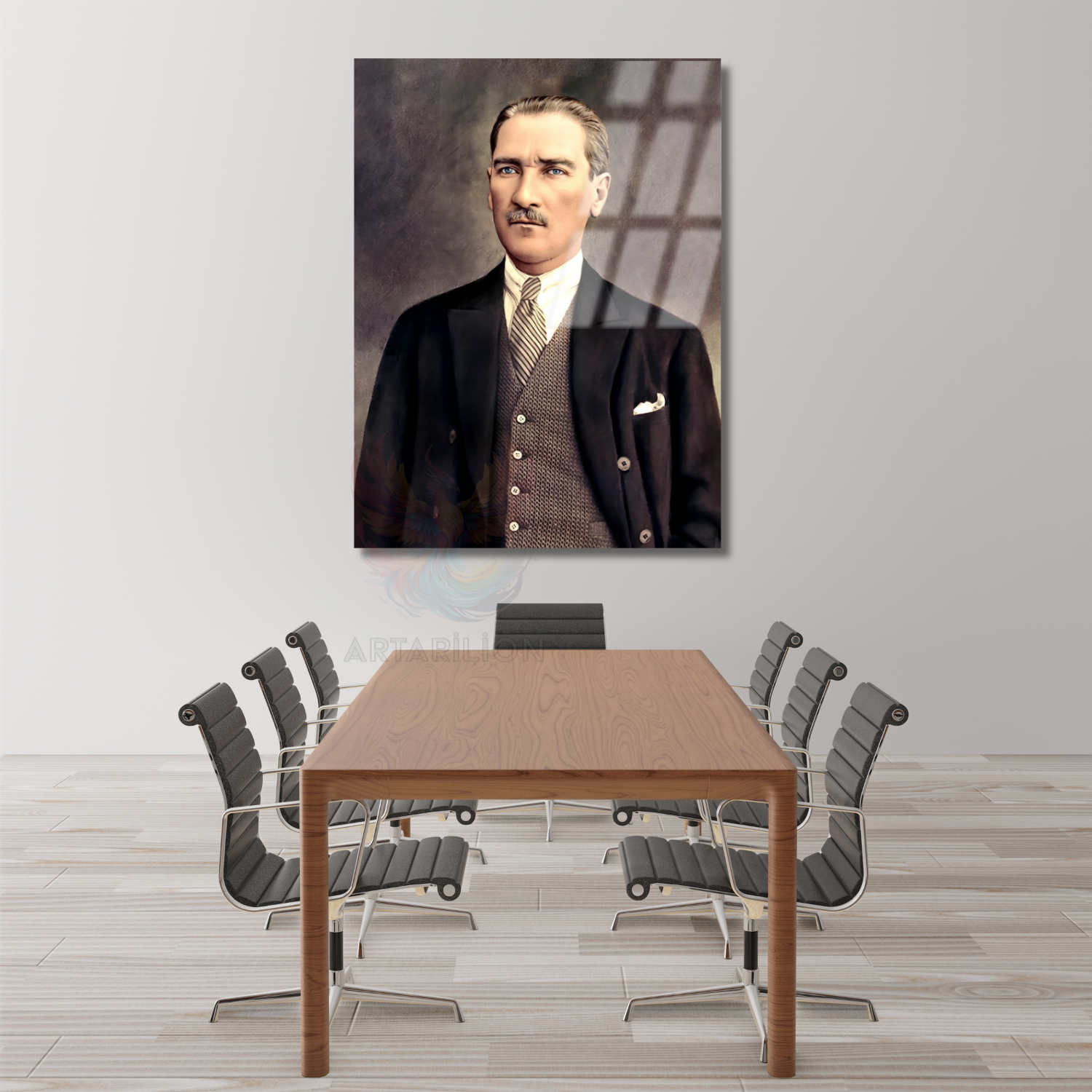 Renklendirilmiş Atatürk Modeli Dikey Cam Tablo