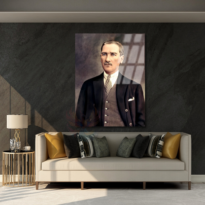Renklendirilmiş Atatürk Cam Tablo Modeli Dikey Duvar Tablosu Ofis Ev Dekoru