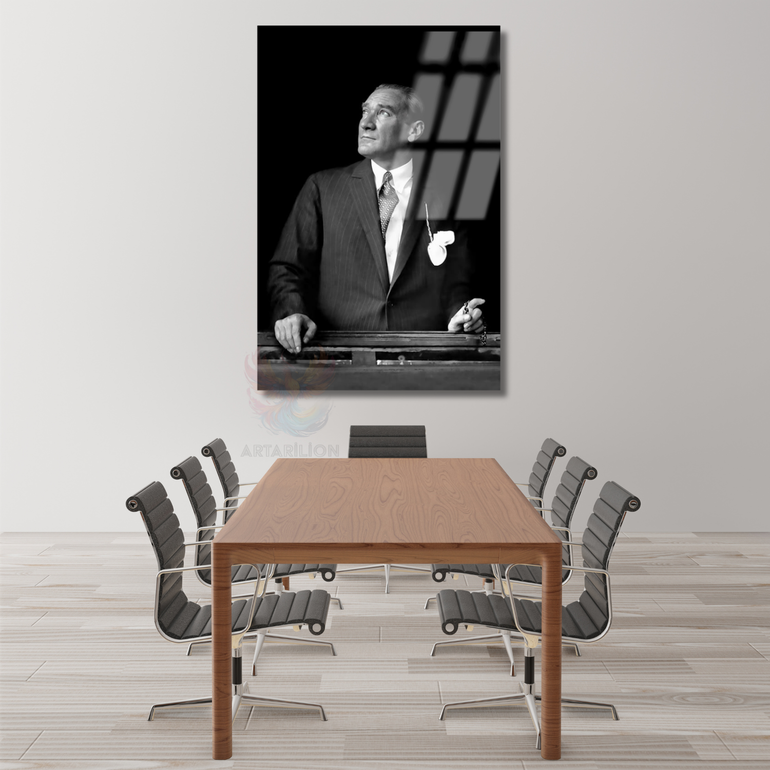 Siyah Beyaz Mustafa Kemal Atatürk Dikey Cam Tablo
