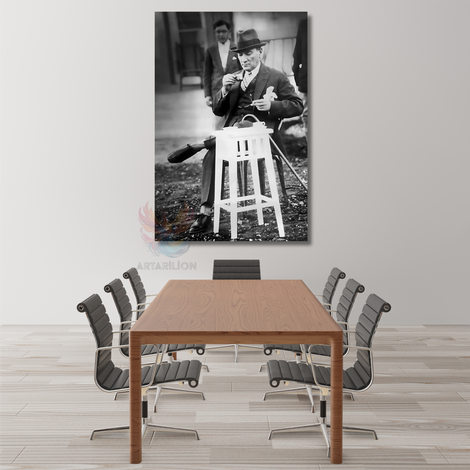 Siyah Beyaz Kahve İçen Atatürk Dijital Baskı Kanvas Tablo