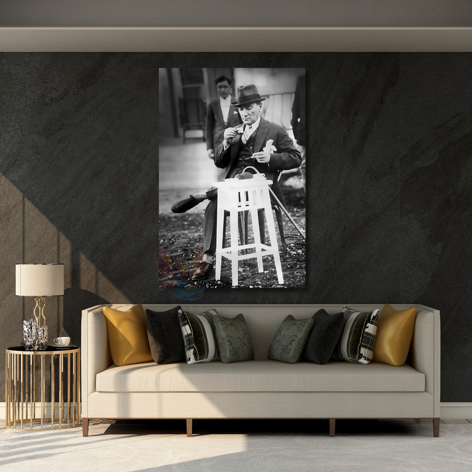 Siyah Beyaz Kahve İçen Atatürk Dijital Baskı Kanvas Tablo