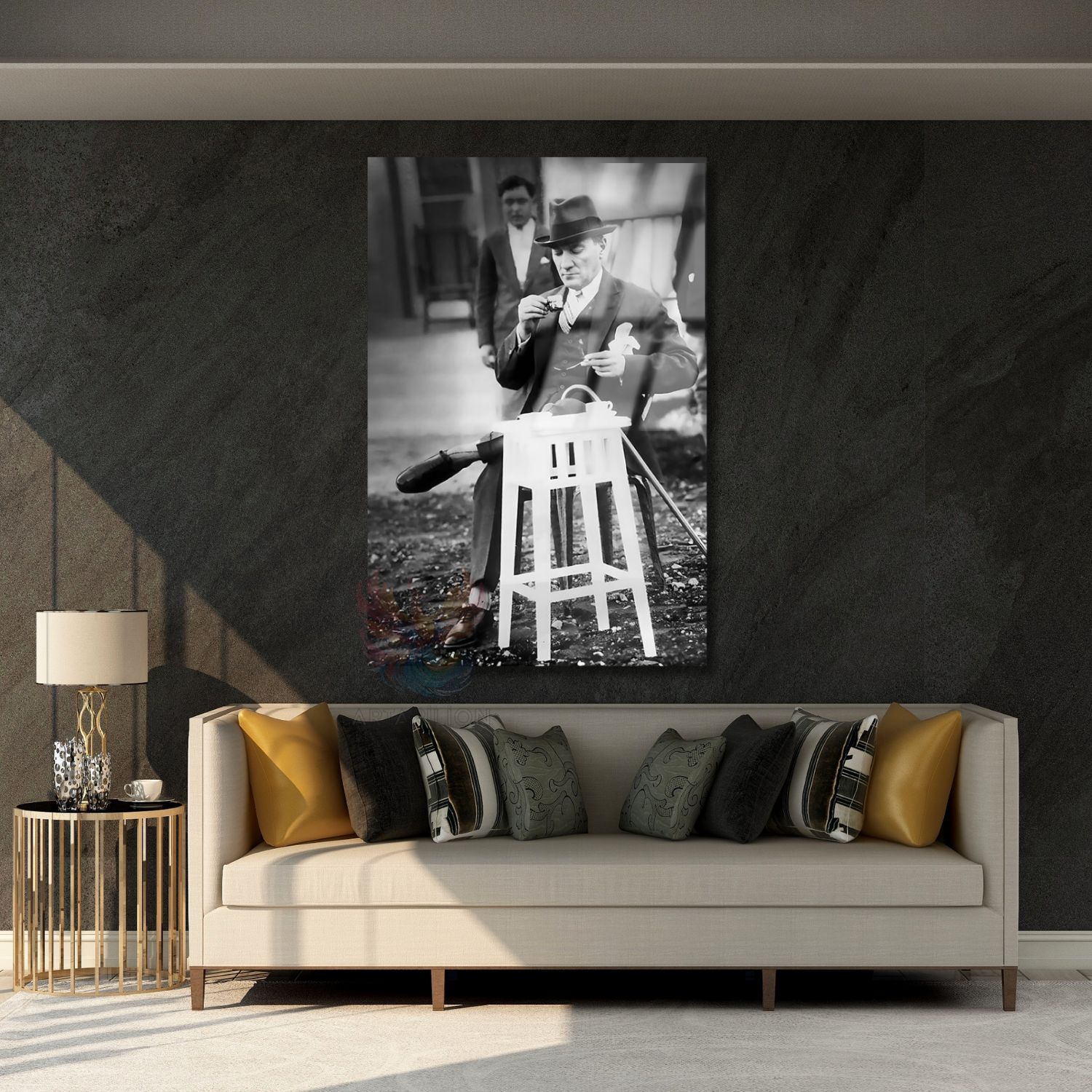 Siyah Beyaz Kahve İçen Atatürk Dijital Baskı Cam Tablo
