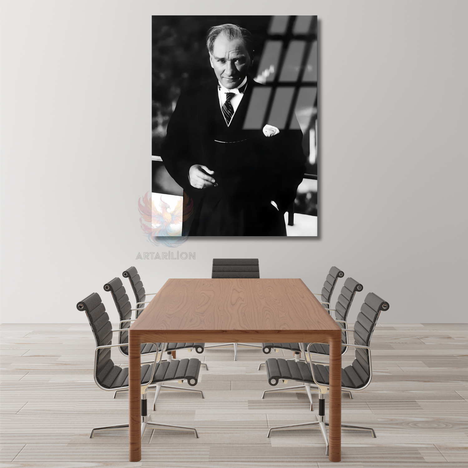 Siyah Beyaz Atatürk Portresi Mustafa Kemal Modeli Cam Tablo