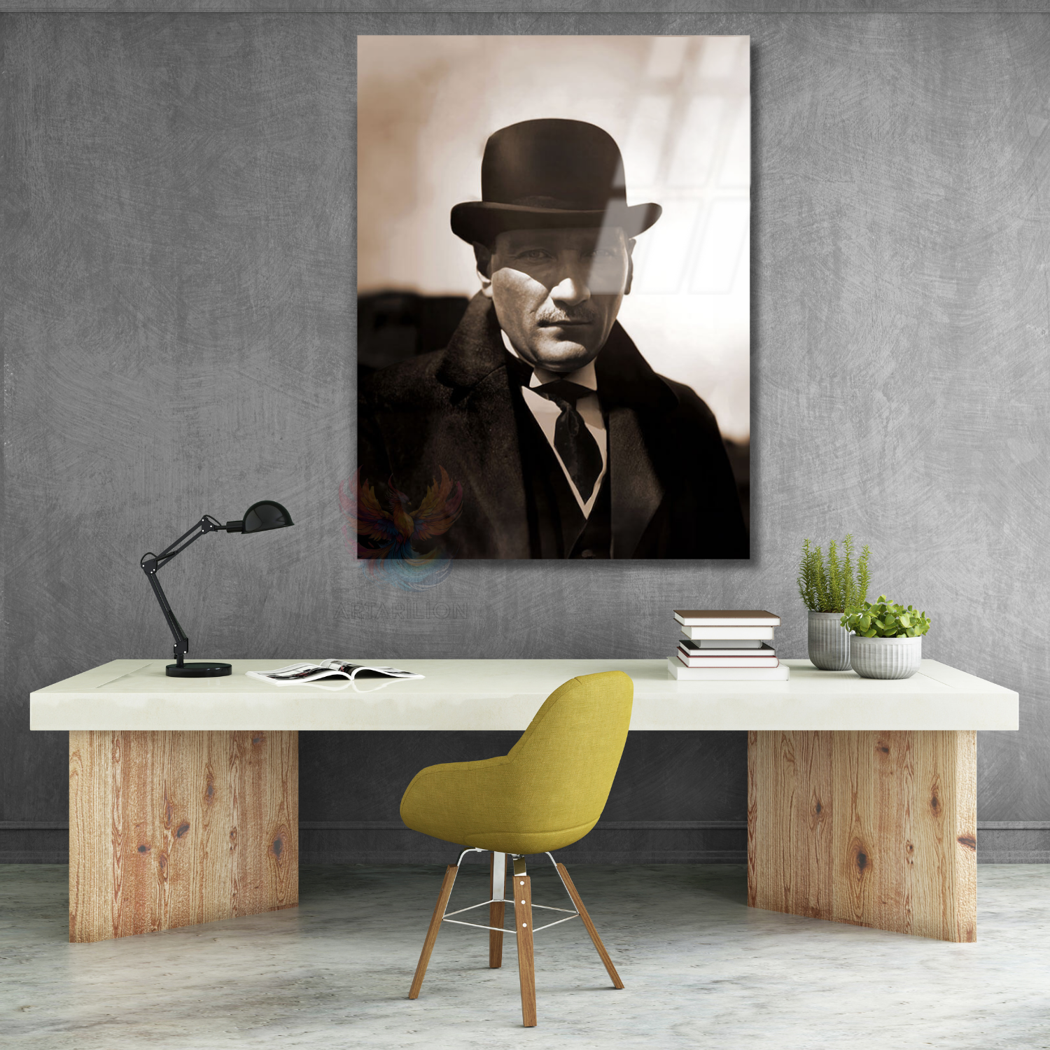 Şapkalı Atatürk Görseli Dijital Baskı HD Cam Tablo