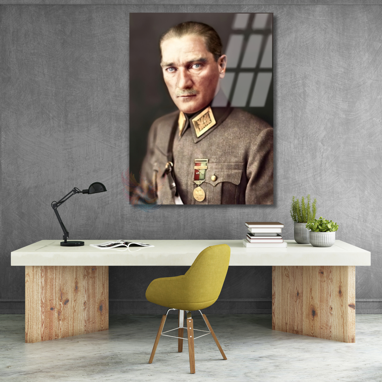 Uniformalı Atatürk Portresi Mustafa Kemal Modeli Cam Tablo