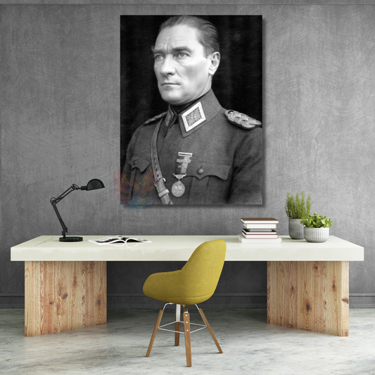 Siyah Beyaz Uniformalı Atatürk Portresi Mustafa Kemal Atatürk Kanvas Tablo Modeli Ev Ofis Dekoru