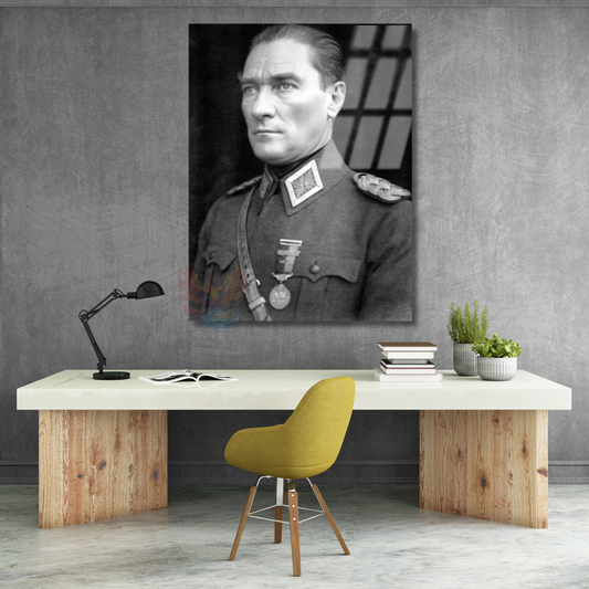 Siyah Beyaz Uniformalı Atatürk Portresi Mustafa Kemal Atatürk Cam Tablo Modeli Ev Ofis Dekoru