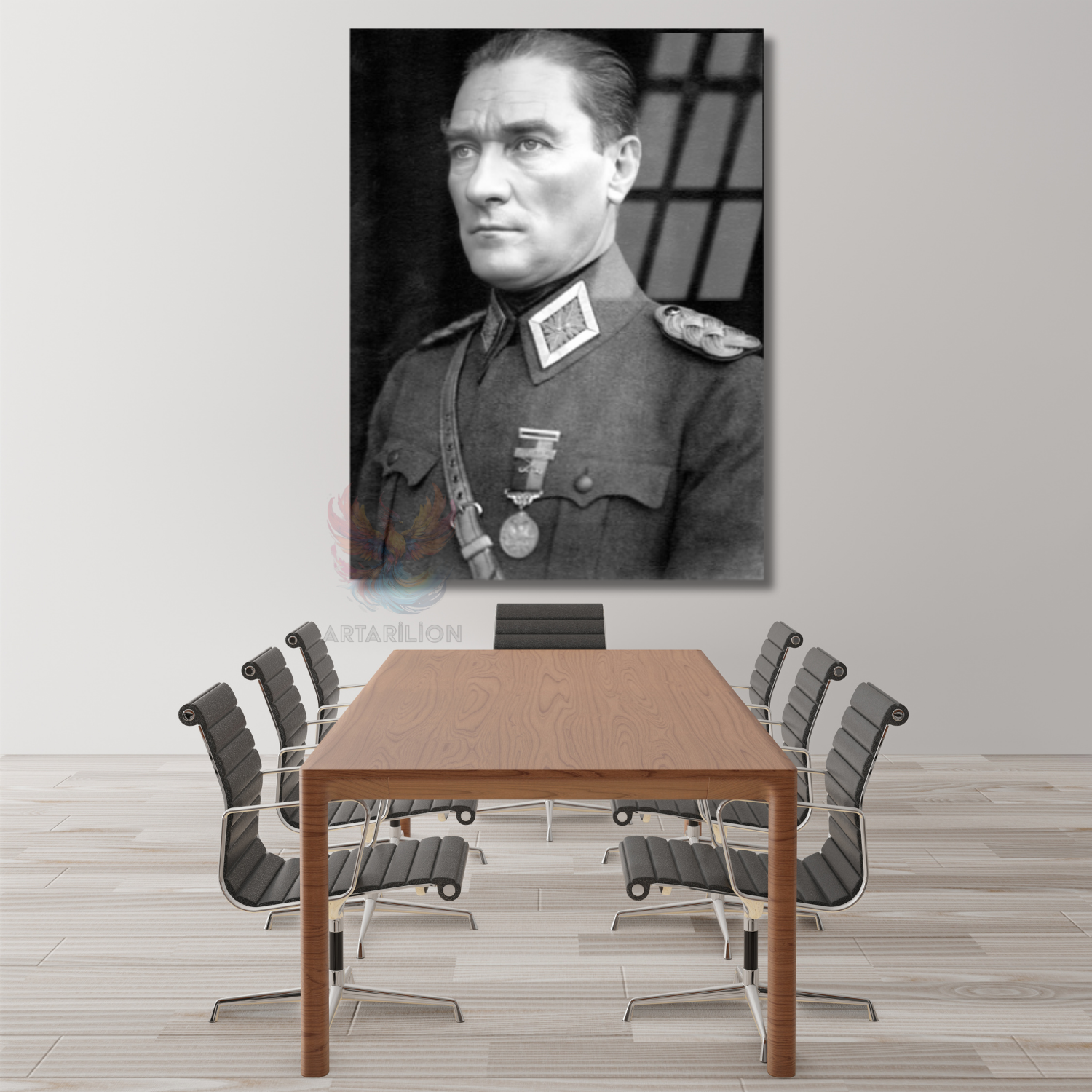 Siyah Beyaz Uniformalı Atatürk Portresi Mustafa Kemal Modeli Cam Tablo