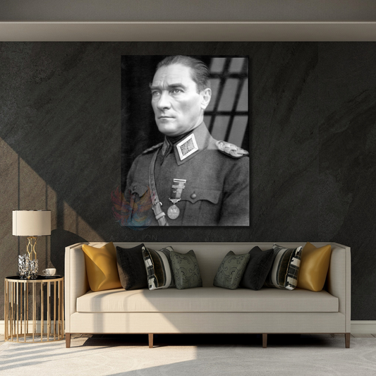 Siyah Beyaz Uniformalı Atatürk Portresi Mustafa Kemal Atatürk Cam Tablo Modeli Ev Ofis Dekoru