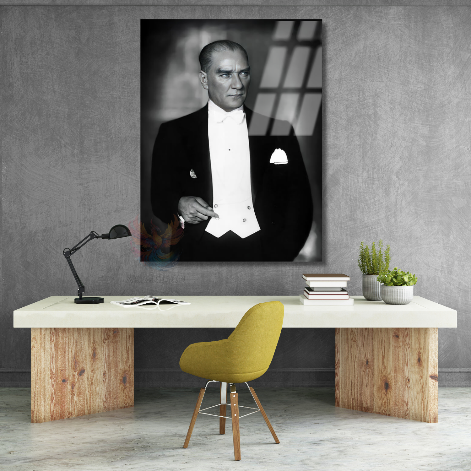 Mustafa Kemal Atatürk Siyah Beyaz Dikey Cam Tablo