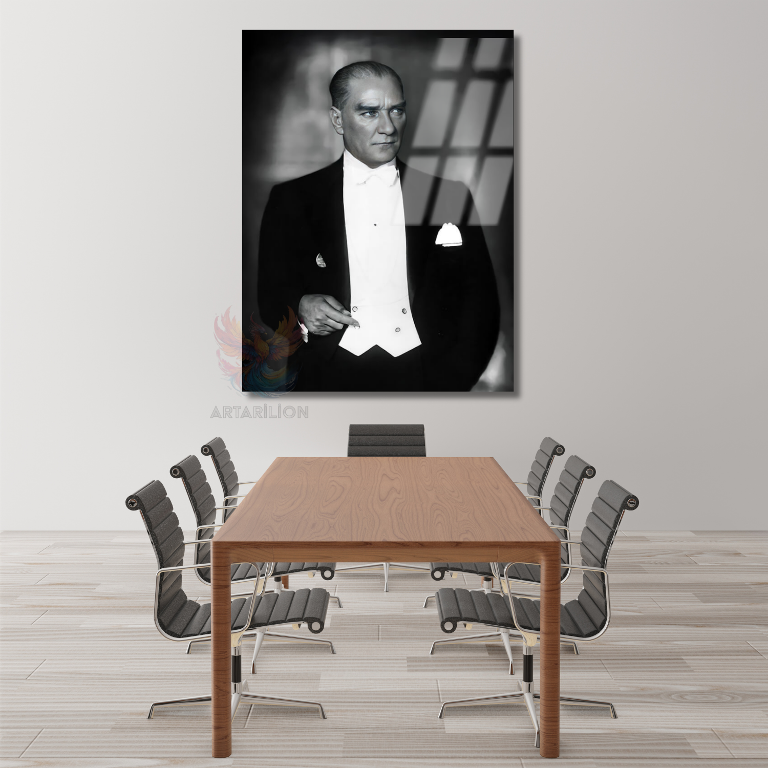 Mustafa Kemal Atatürk Siyah Beyaz Dikey Cam Tablo