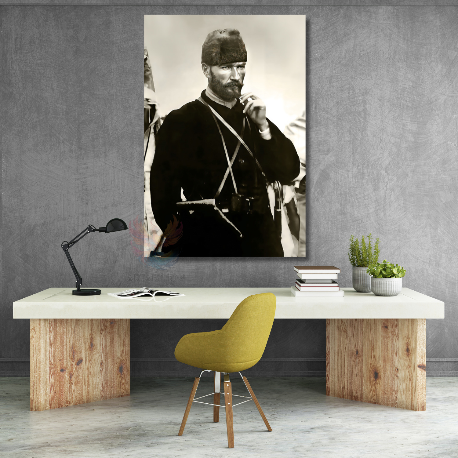 Genç Atatürk Siyah Beyaz Modeli Dikey Kanvas Tablo