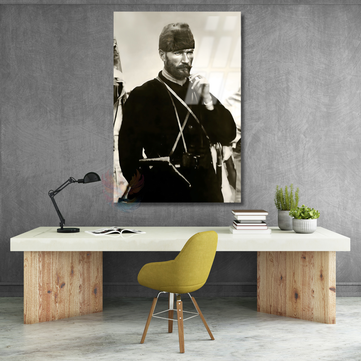 Young Atatürk Black and White Glass Painting Vertical Wall Decor Home Office Painting Model