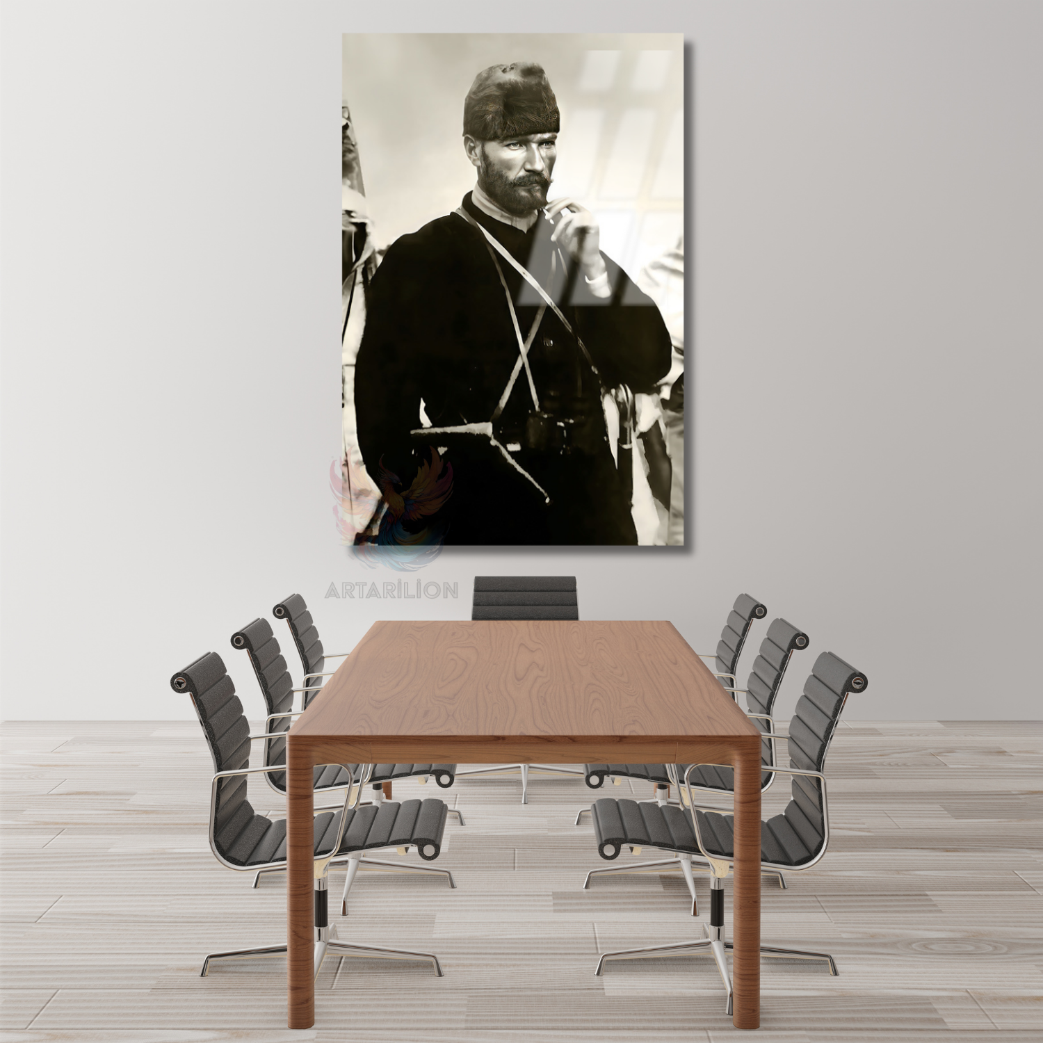 Young Atatürk Black and White Glass Painting Vertical Wall Decor Home Office Painting Model