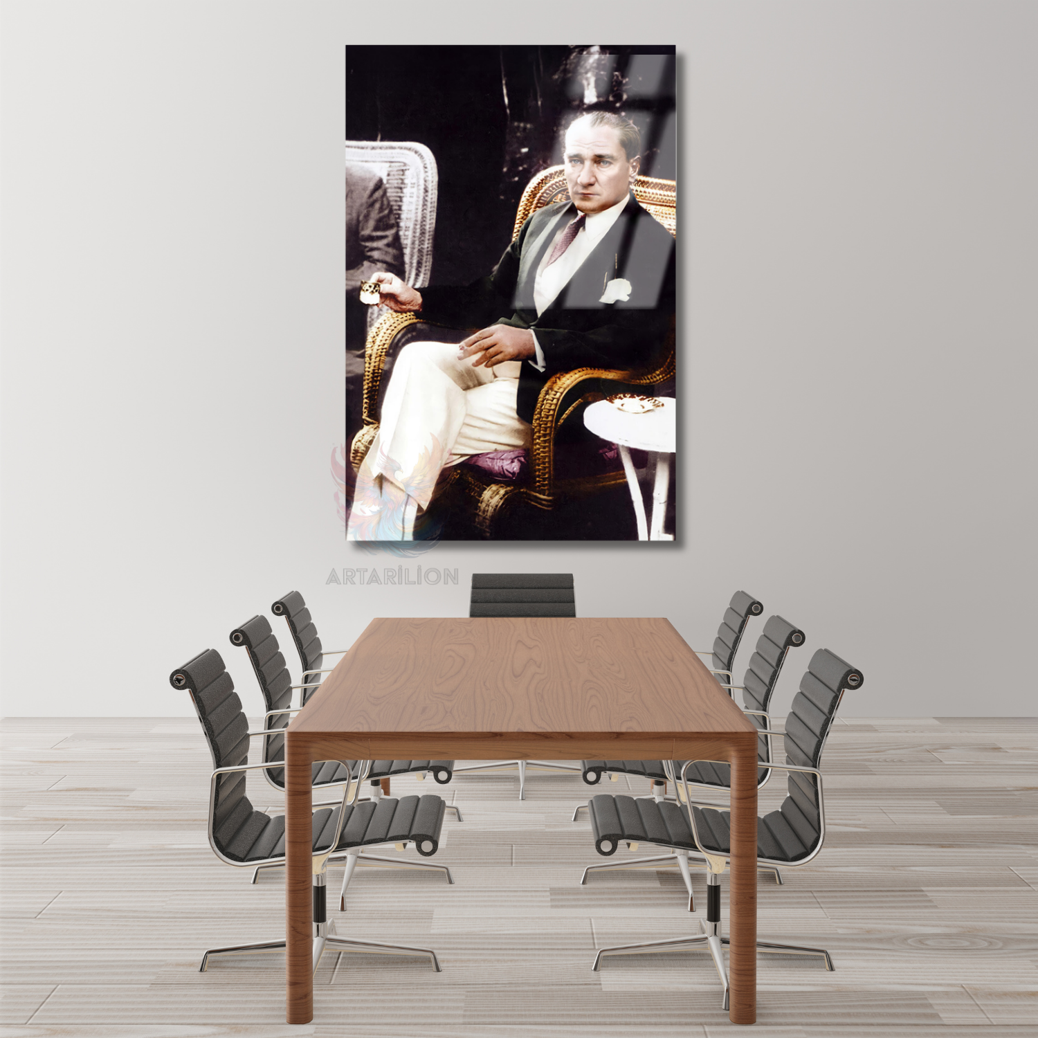 Kahve İçen Atatürk Görseli Renkli Dikey Cam Tablo
