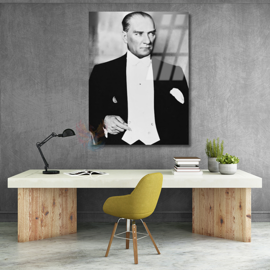 Siyah Beyaz Karizmatik Atatürk Görseli Cam Tablo Dikey Duvar Tablosu Ev Ofis Dekoru