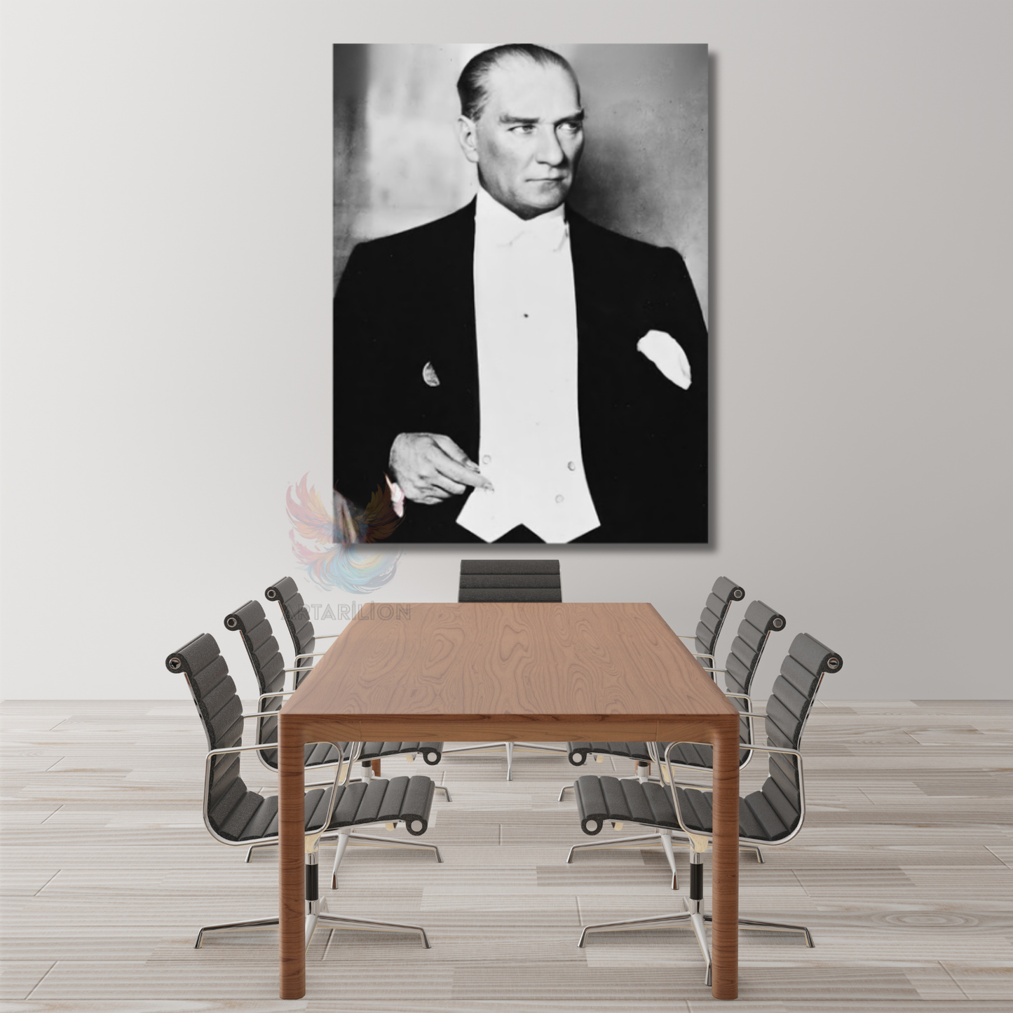 Siyah Beyaz Karizmatik Atatürk Görseli Kanvas Tablo Dikey Duvar Tablosu Ev Ofis Dekoru