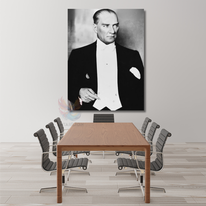 Siyah Beyaz Karizmatik Atatürk Görseli Kanvas Tablo Dikey Duvar Tablosu Ev Ofis Dekoru