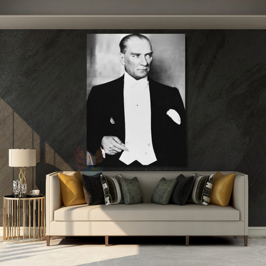Siyah Beyaz Karizmatik Atatürk Görseli Kanvas Tablo Dikey Duvar Tablosu Ev Ofis Dekoru