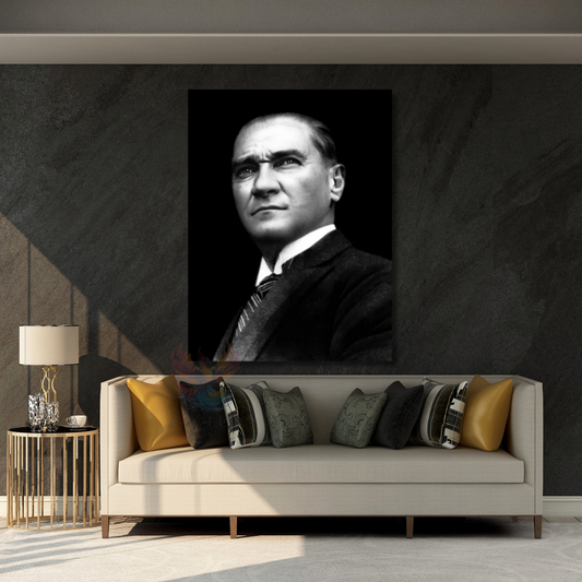 Siyah Beyaz Atatürk Görseli Kanvas Tablo Modeli Ev Ofis Hediyesi Duvar Dekoru