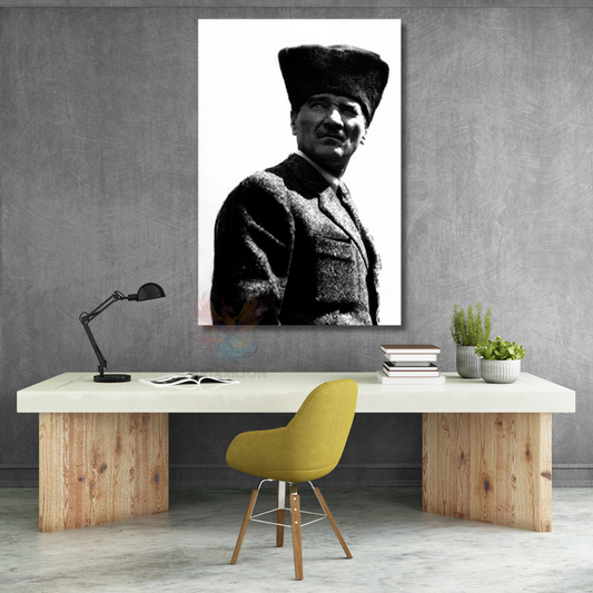 Kanvas Tablo Atatürk Görseli Siyah Beyaz Dikey Duvar Tablosu Ev Ofis Dekoru