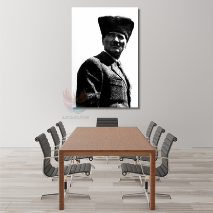 Kanvas Tablo Atatürk Görseli Siyah Beyaz Dikey Duvar Tablosu Ev Ofis Dekoru