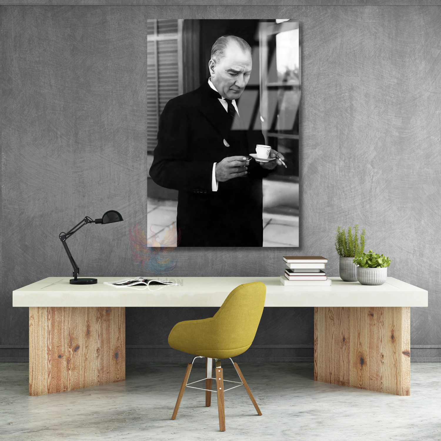 Vertical Glass Painting of Atatürk Drinking Coffee Wall Art Home Office Decor