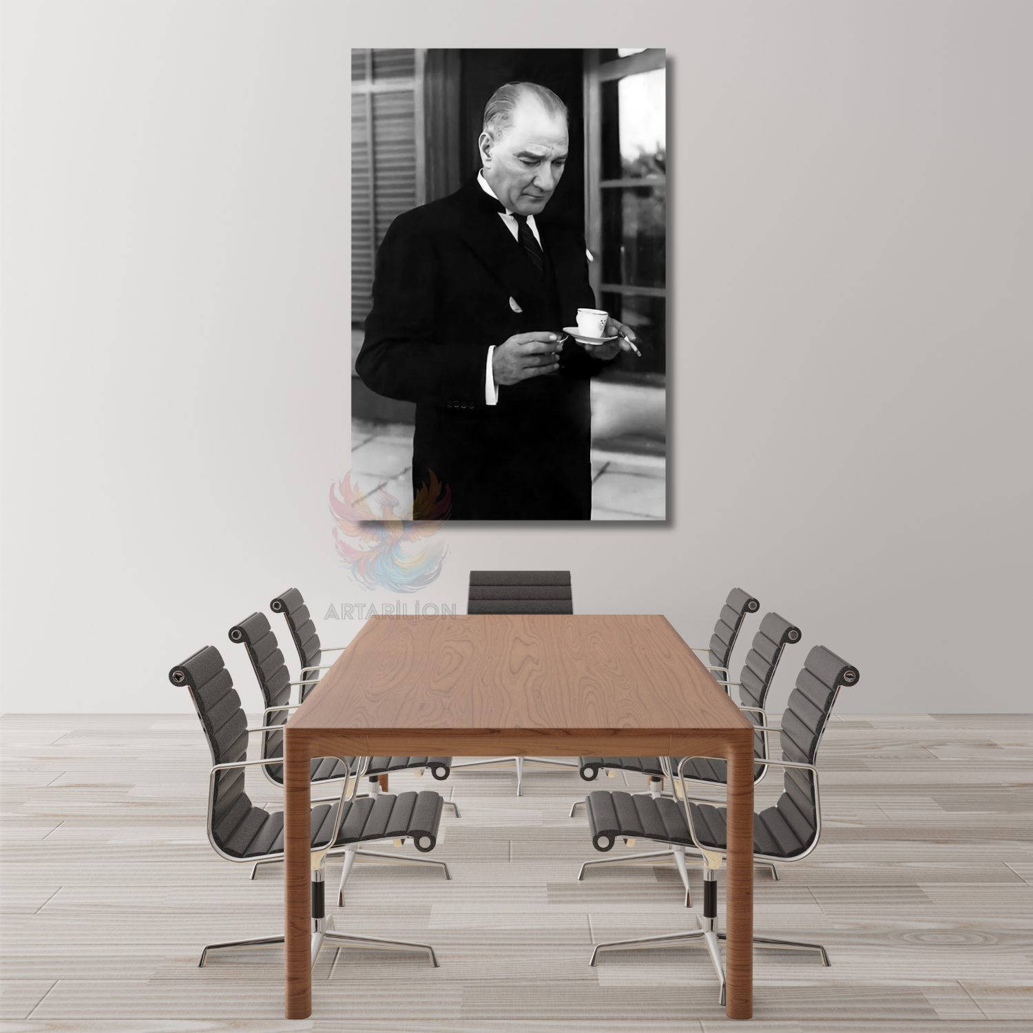 Kahve İçen Atatürk Görseli Dikey Kanvas Tablo