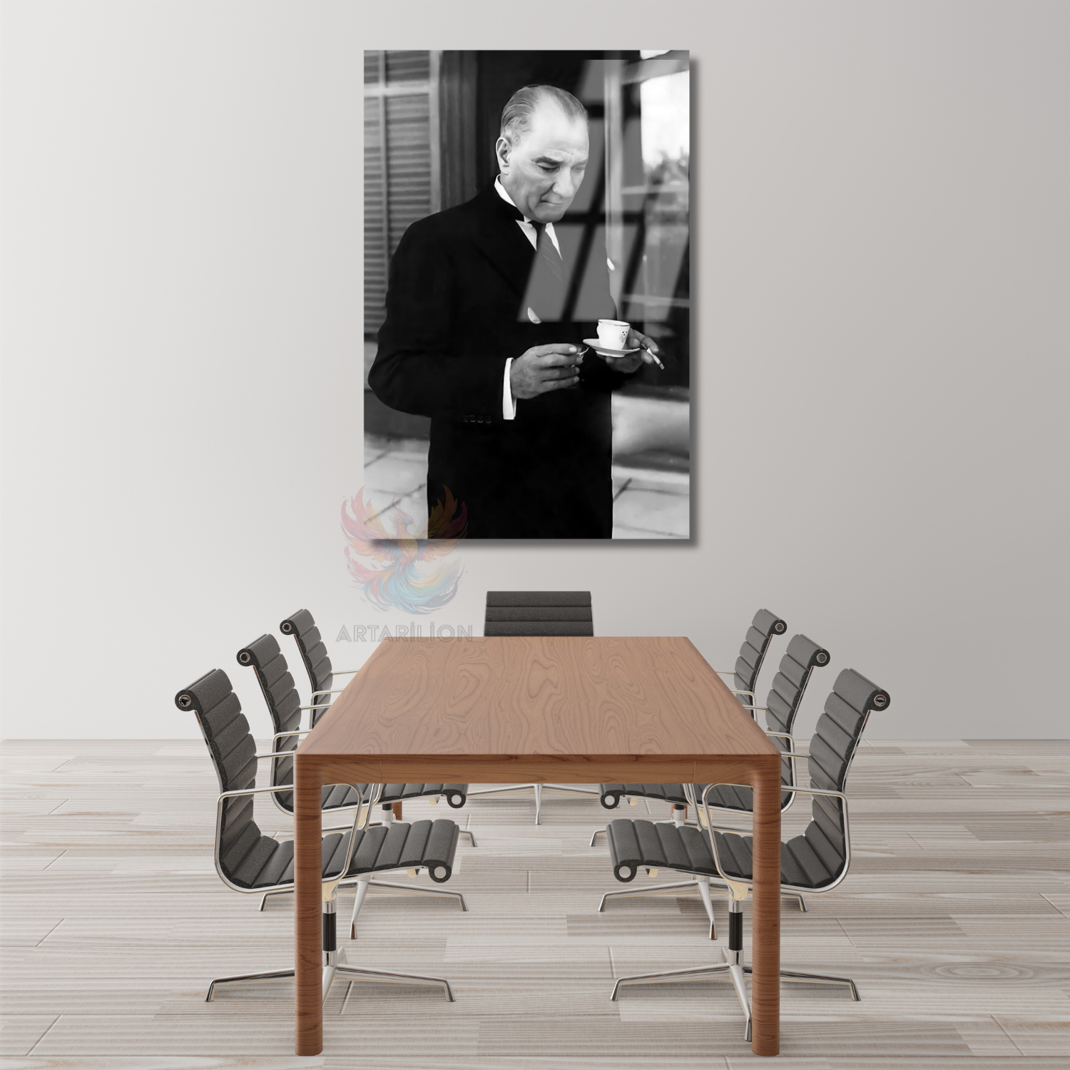 Vertical Glass Painting of Atatürk Drinking Coffee Wall Art Home Office Decor