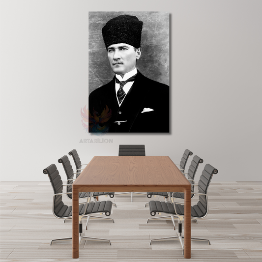 Dikey Kanvas Siyah Beyaz Atatürk Tablosu Kanvas Ofis Ev Tablosu Duvar Dekoru