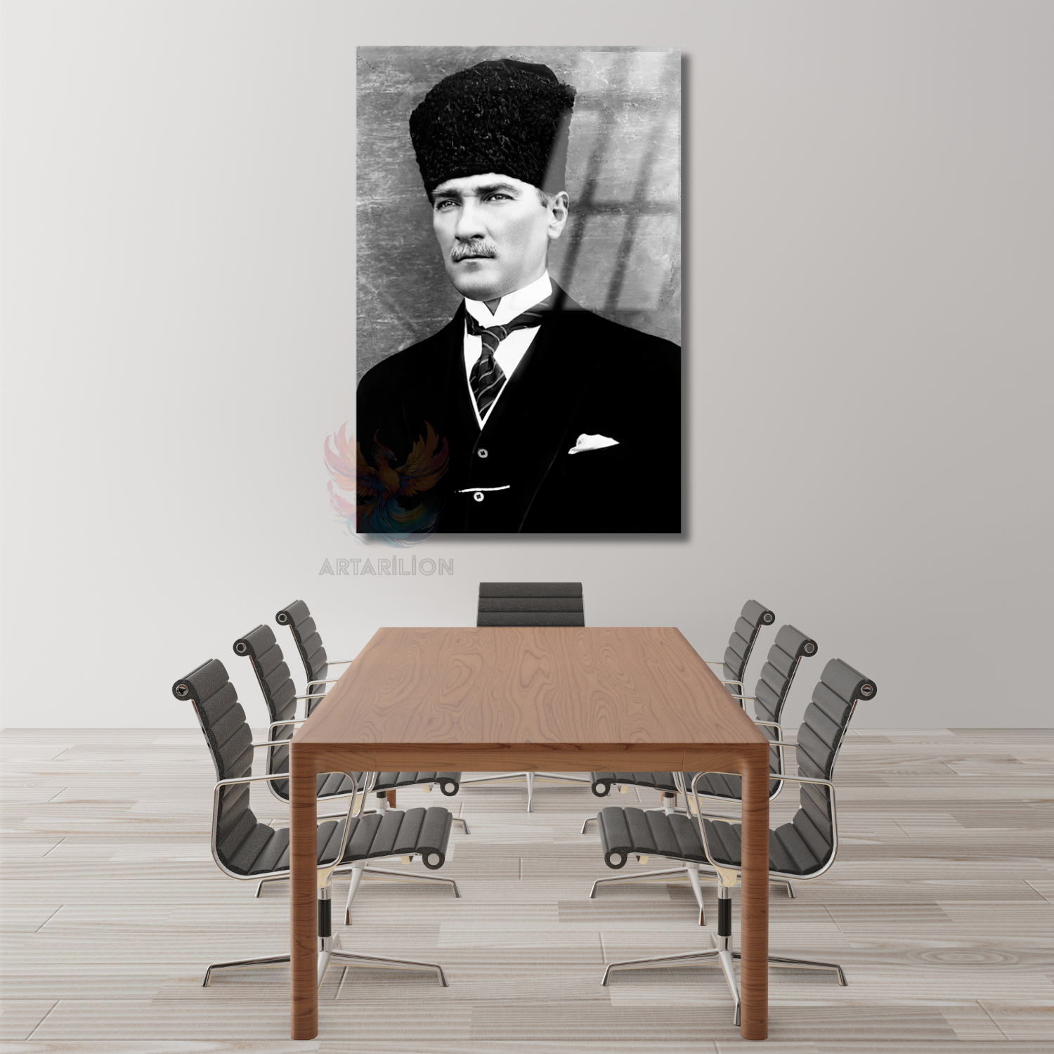 Siyah Beyaz Atatürk Dikey Cam Tablo