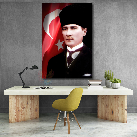Atatürk ve Bayrak Kanvas Tablo Dikey Duvar Tablosu Ofis Ev Dekoru Atatürk Portresi