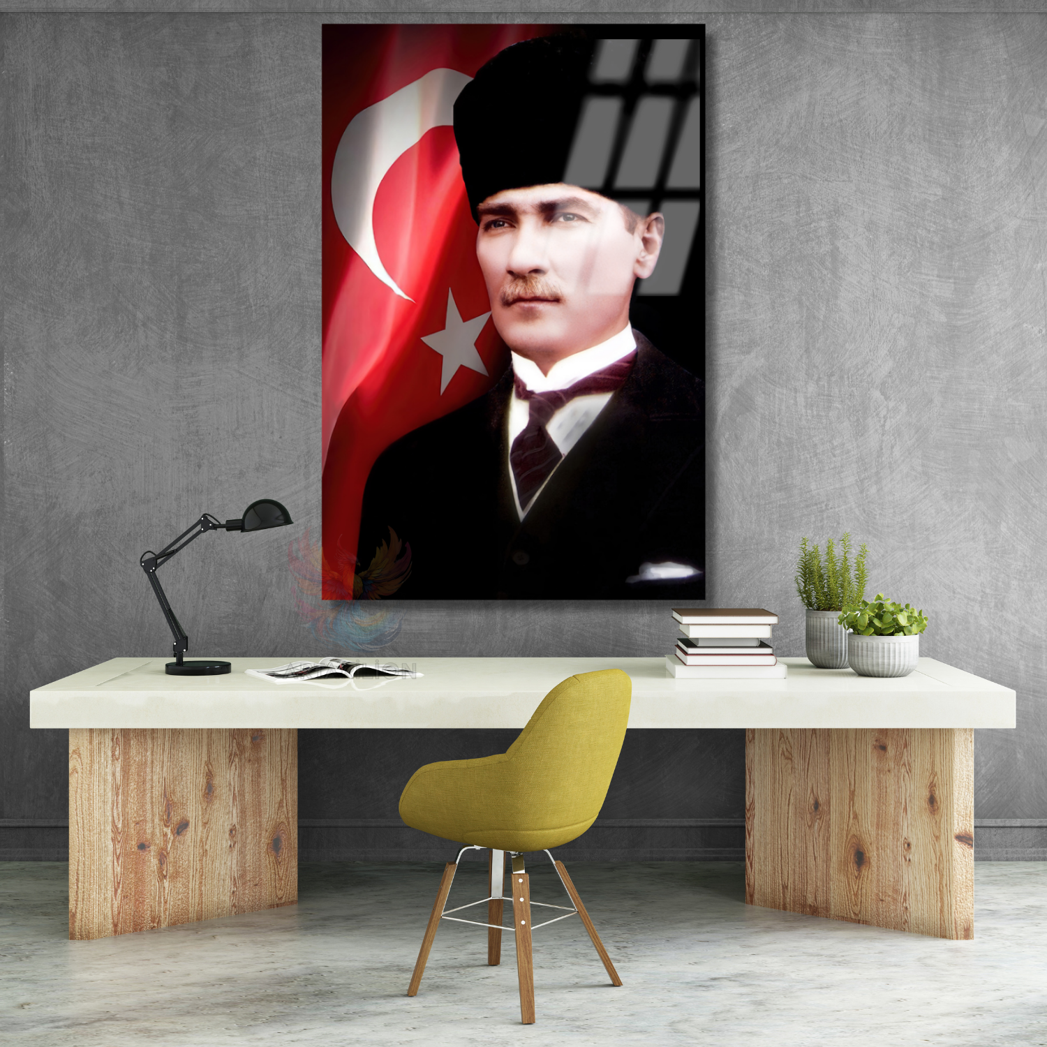 Ataturk and Flag Glass Painting Vertical Wall Painting Office Home Decor Ataturk Portrait
