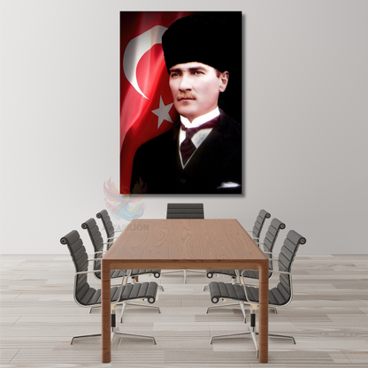 Atatürk ve Bayrak Kanvas Tablo Dikey Duvar Tablosu Ofis Ev Dekoru Atatürk Portresi